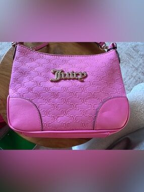 Juicy Couture Hot Pink Embossed Logo Shoulder Bag with Gold Nameplate